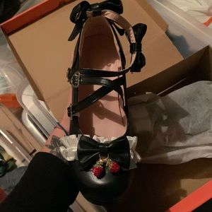 NWT Black Lolita Lace Detail Ankle Cross Straps Strawberry Heels